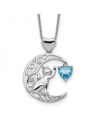 Sterling Silver Cubic Zirconia Cat and Moon Necklace Véritable concentré